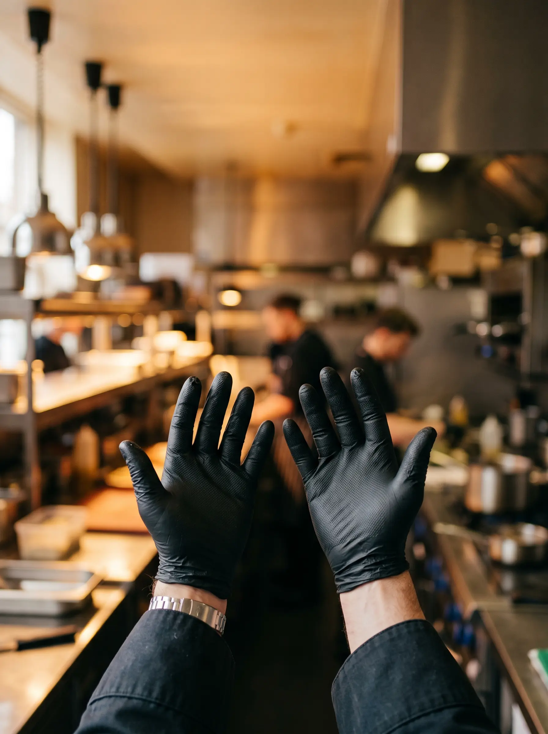 Chef wearing black nitrile gloves in a commercial kitchen