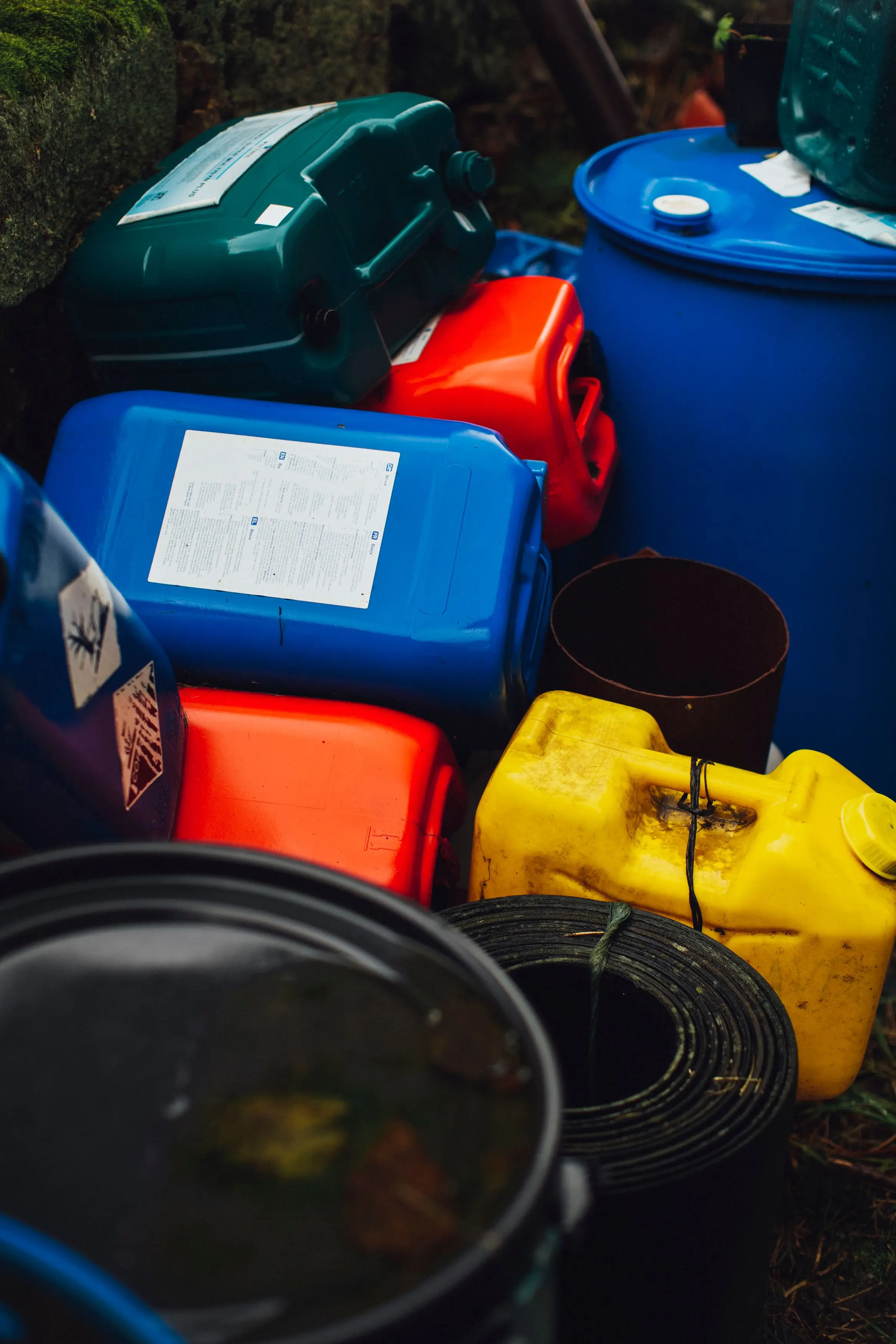 Containers of used cooking oil ready for collection and recycling